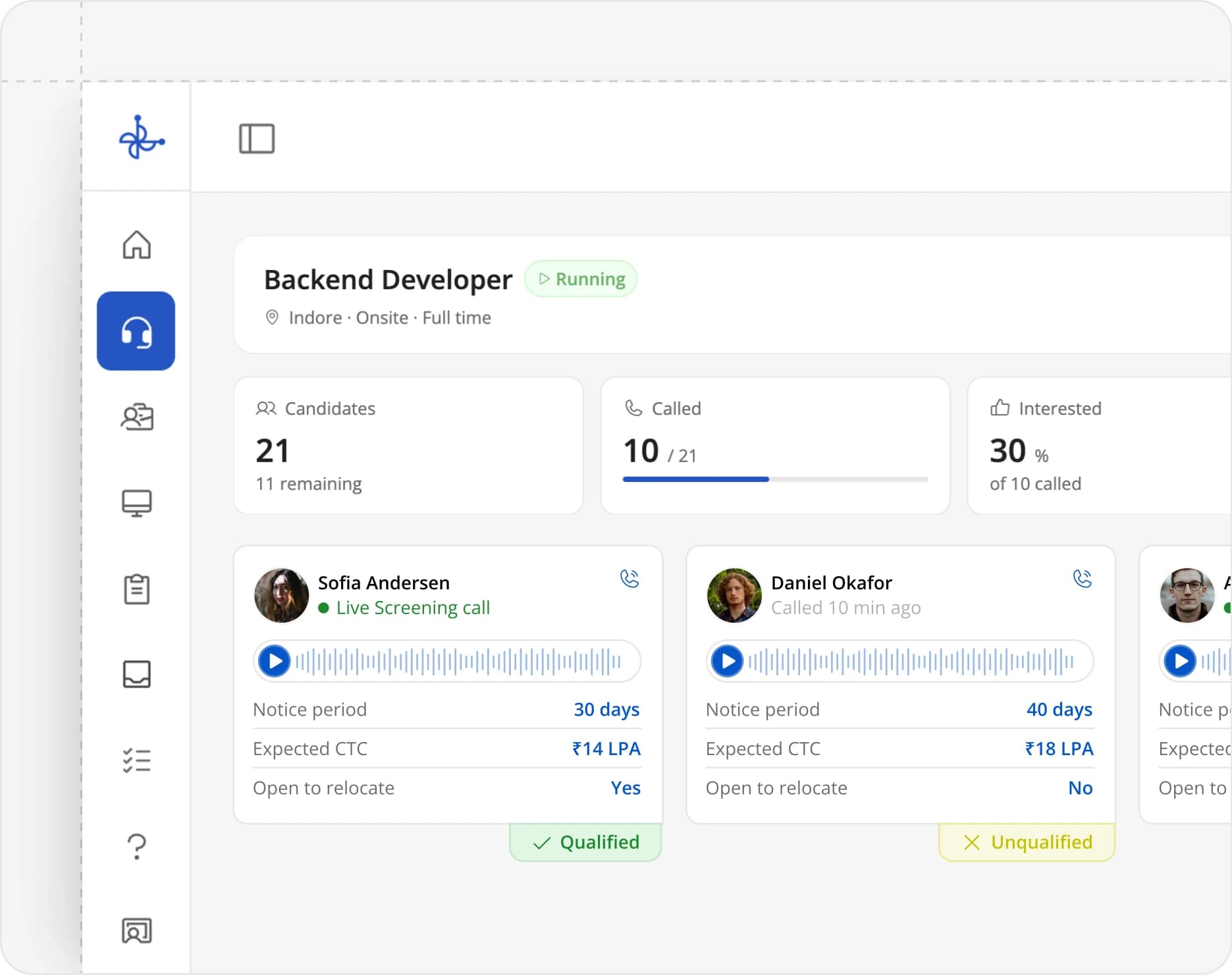 AI voice screening agent Rhea calling candidates, returning a scored report and showing analytics on the dashboard